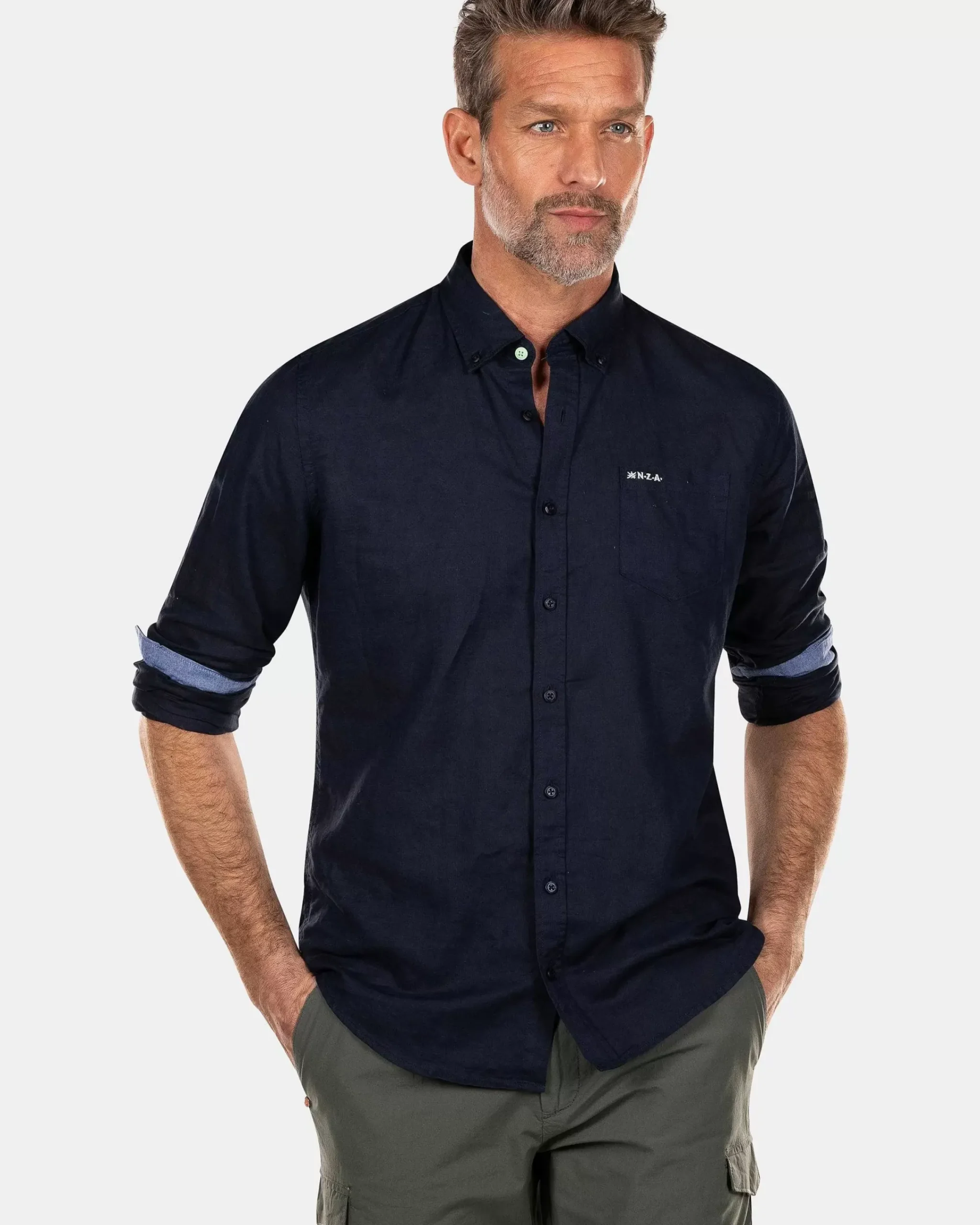 NZA New Zealand Auckland Overhemden|Effen Linnen Overhemd In Veel Kleuren-Traditional Navy