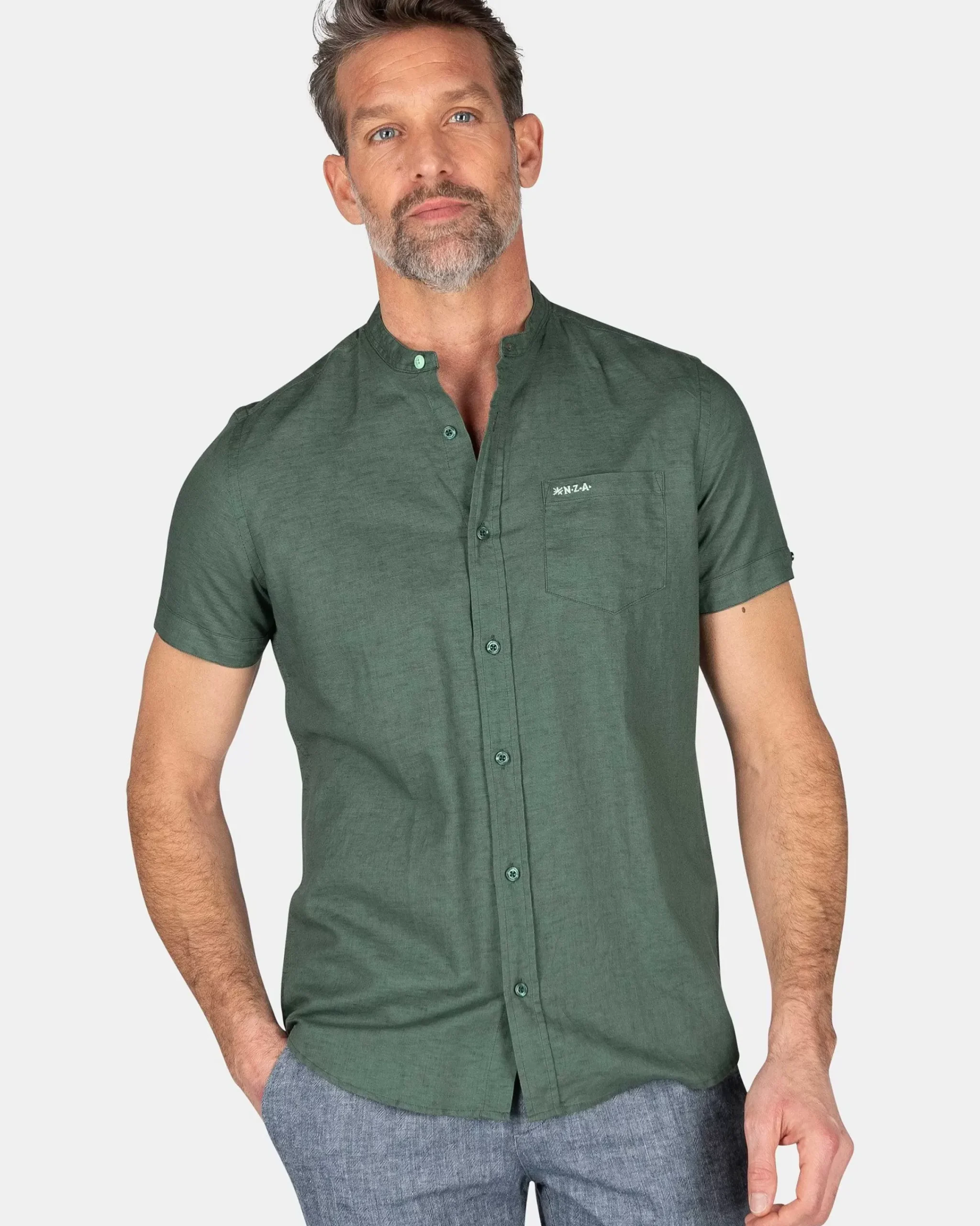 NZA New Zealand Auckland Overhemden|Effen Overhemd Korte Mouw-Chalk Green