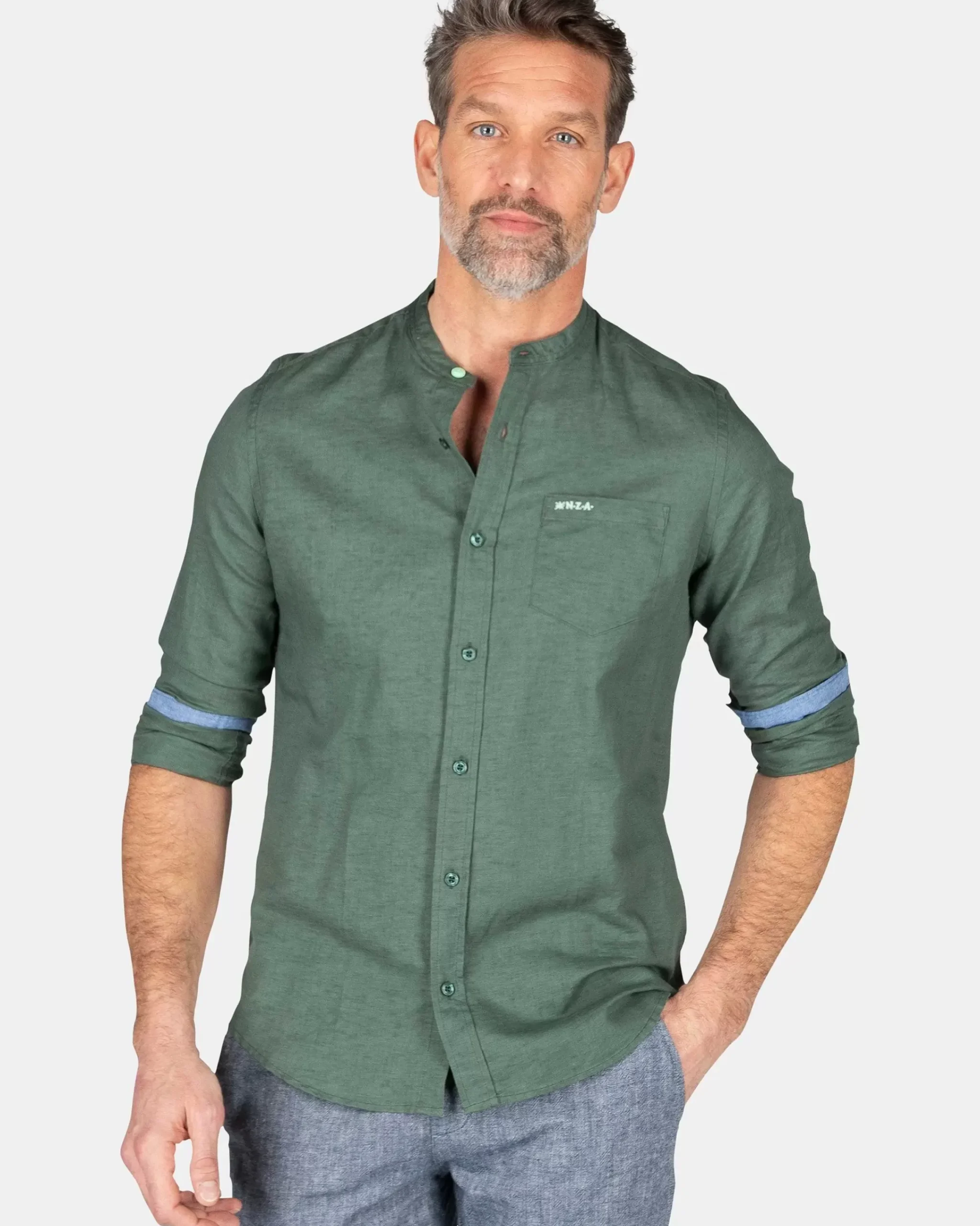 NZA New Zealand Auckland Overhemden|Effen Overhemd Zonder Kraag-Chalk Green