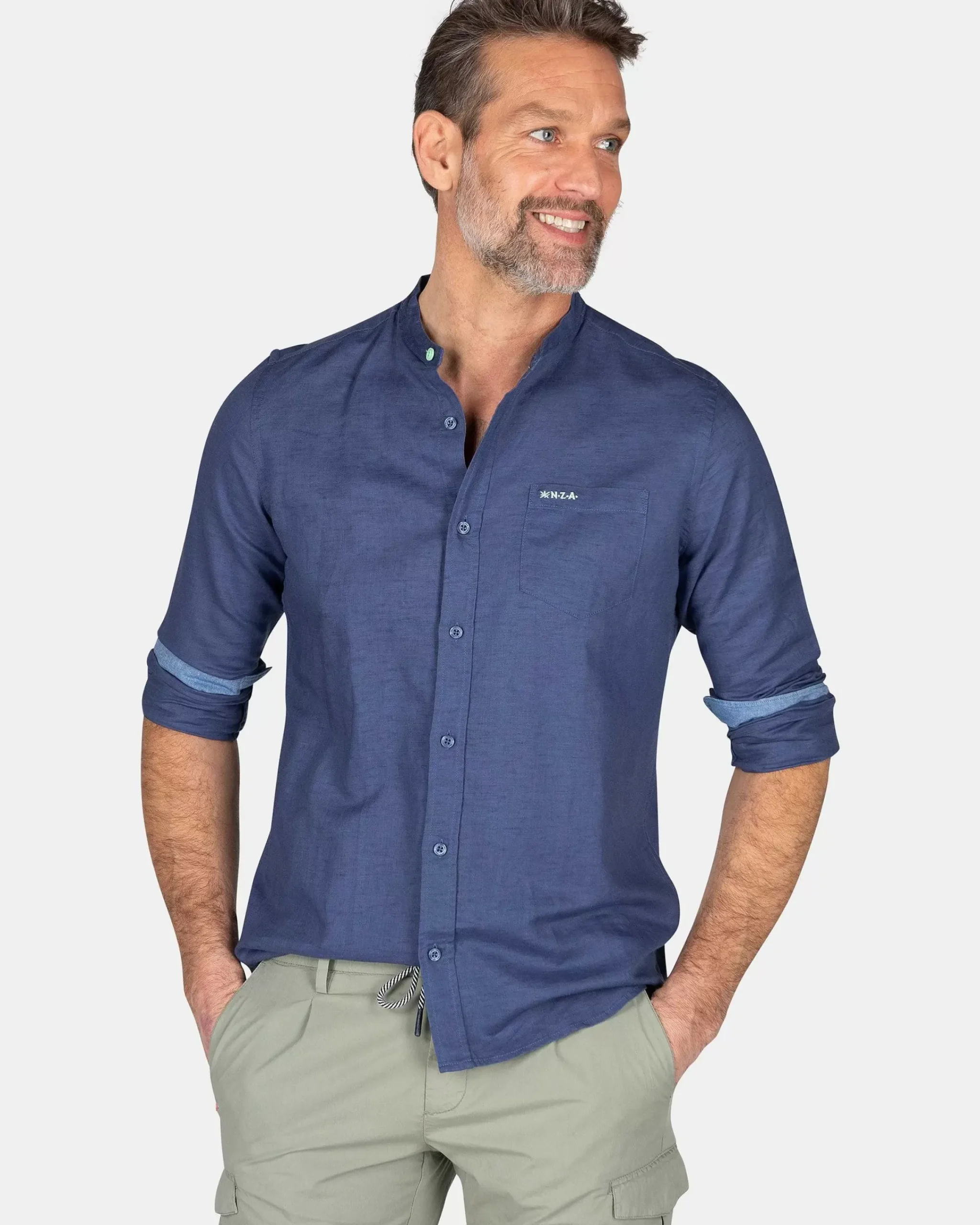 NZA New Zealand Auckland Overhemden|Effen Overhemd Zonder Kraag-Dusk Navy