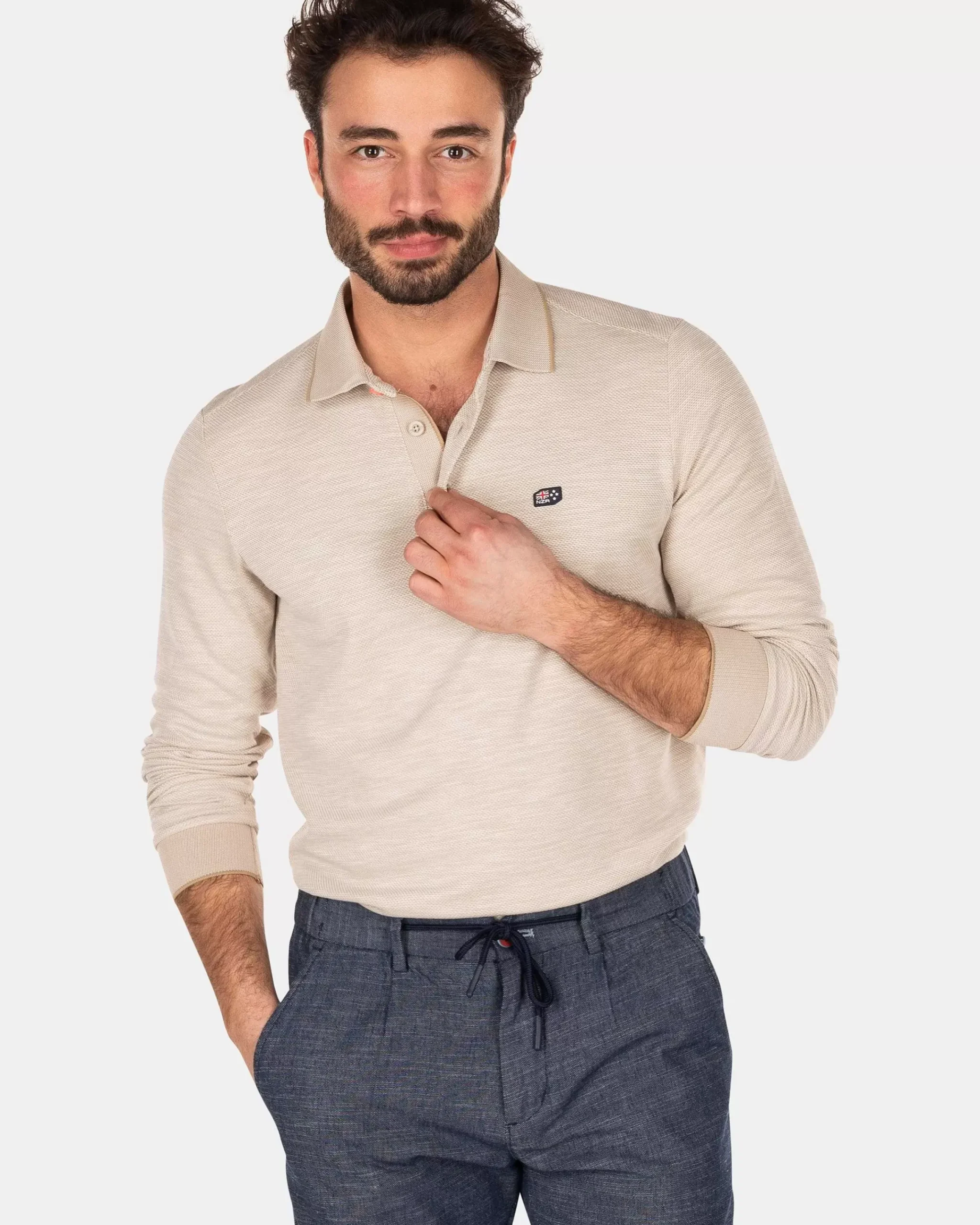 NZA New Zealand Auckland Polo-Shirts|Effen Poloshirt Met Lange Mouw-Shimmering Sand