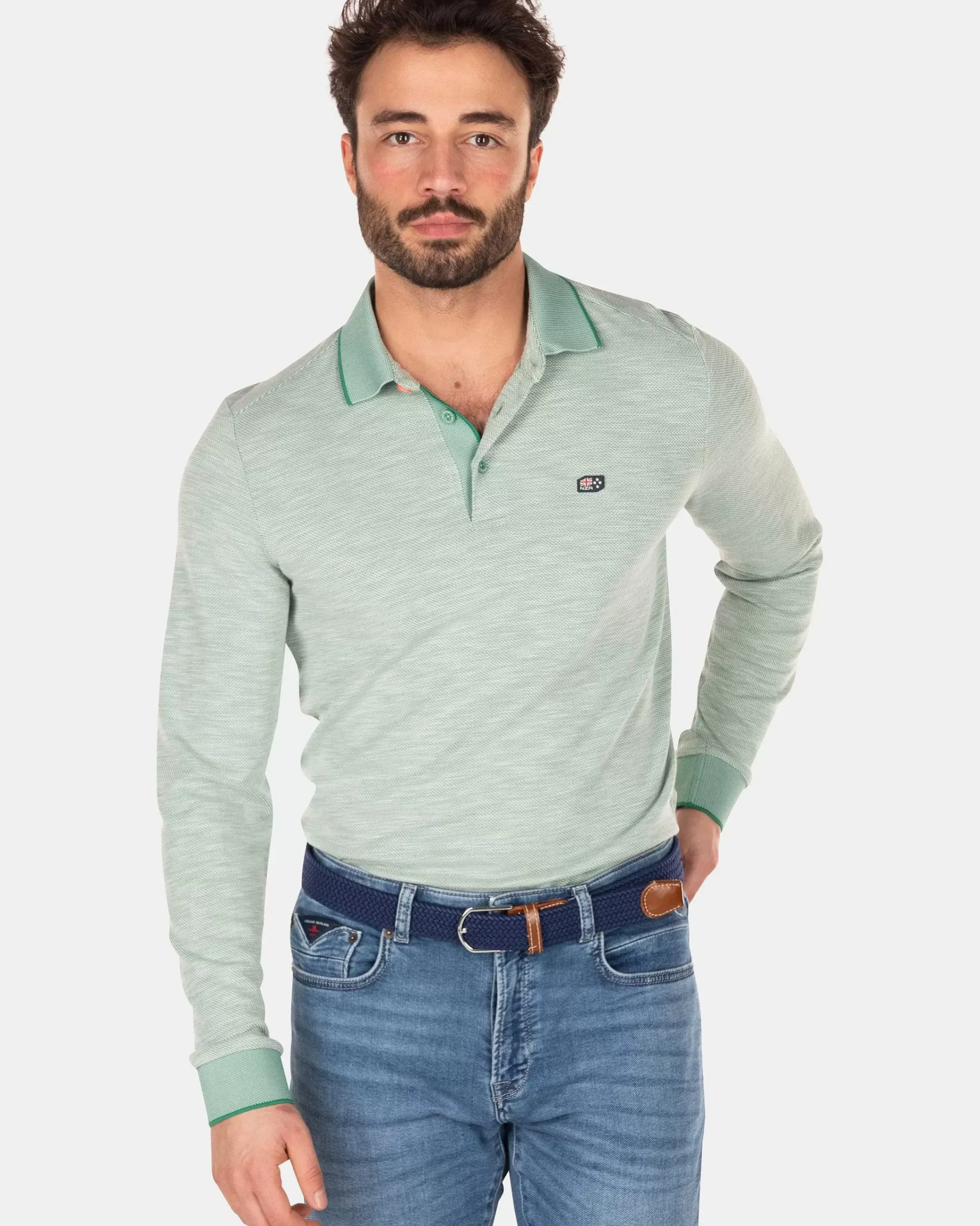 NZA New Zealand Auckland Polo-Shirts|Effen Poloshirt Met Lange Mouw-Amazon Green