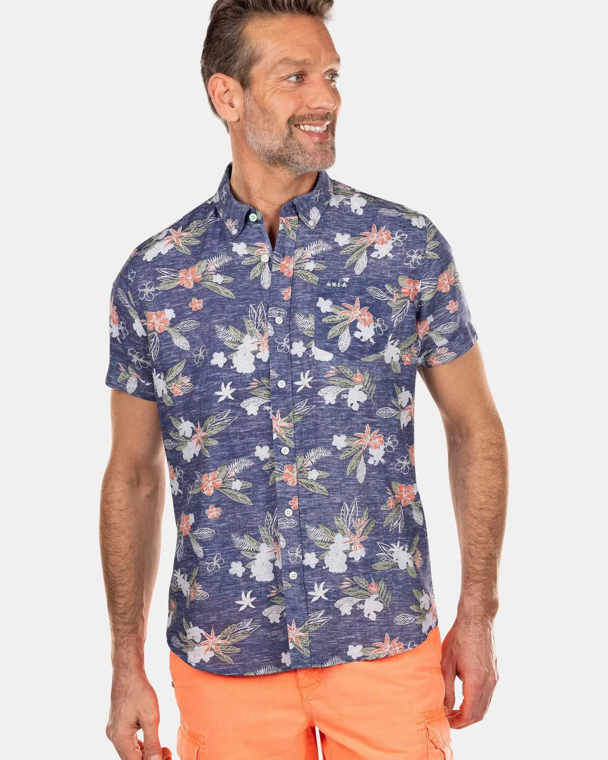 NZA New Zealand Auckland Overhemden|Gebloemd Overhemd Met Korte Mouw-Dusk Navy