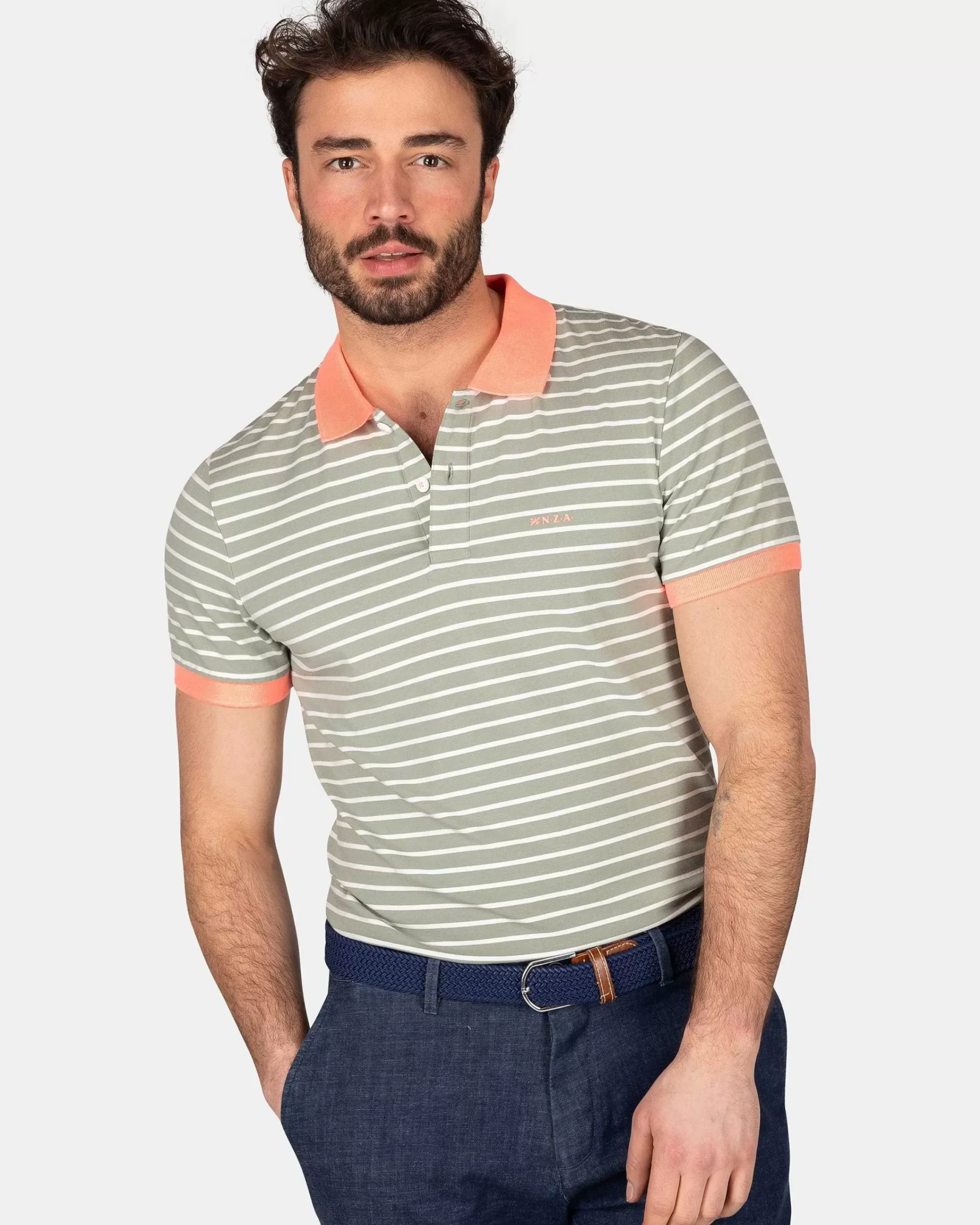 NZA New Zealand Auckland Polo-Shirts|Gestreepte Polo Met Stretch-Mellow Army