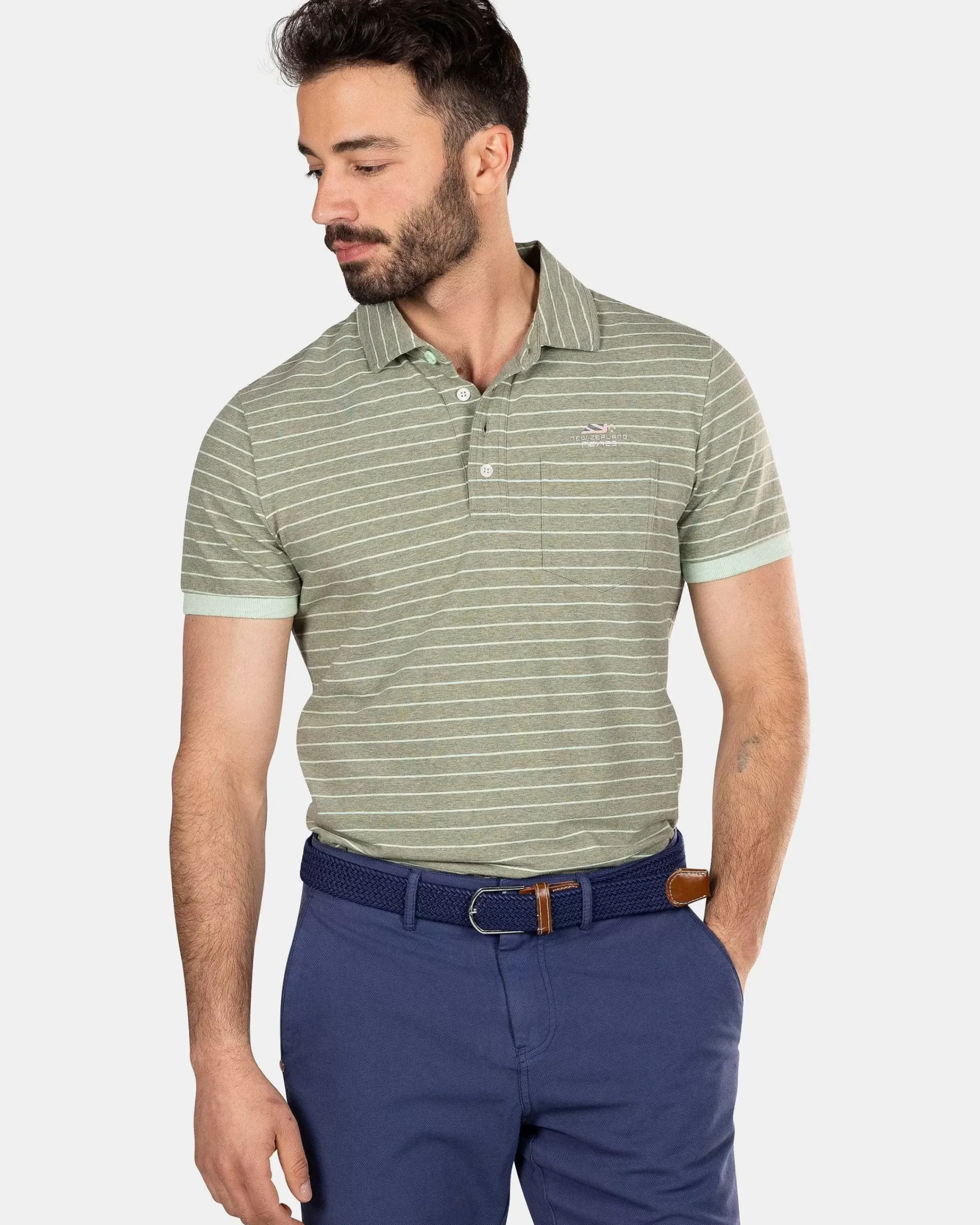 NZA New Zealand Auckland Polo-Shirts|Gestreepte Polo Van Katoen-Mellow Army