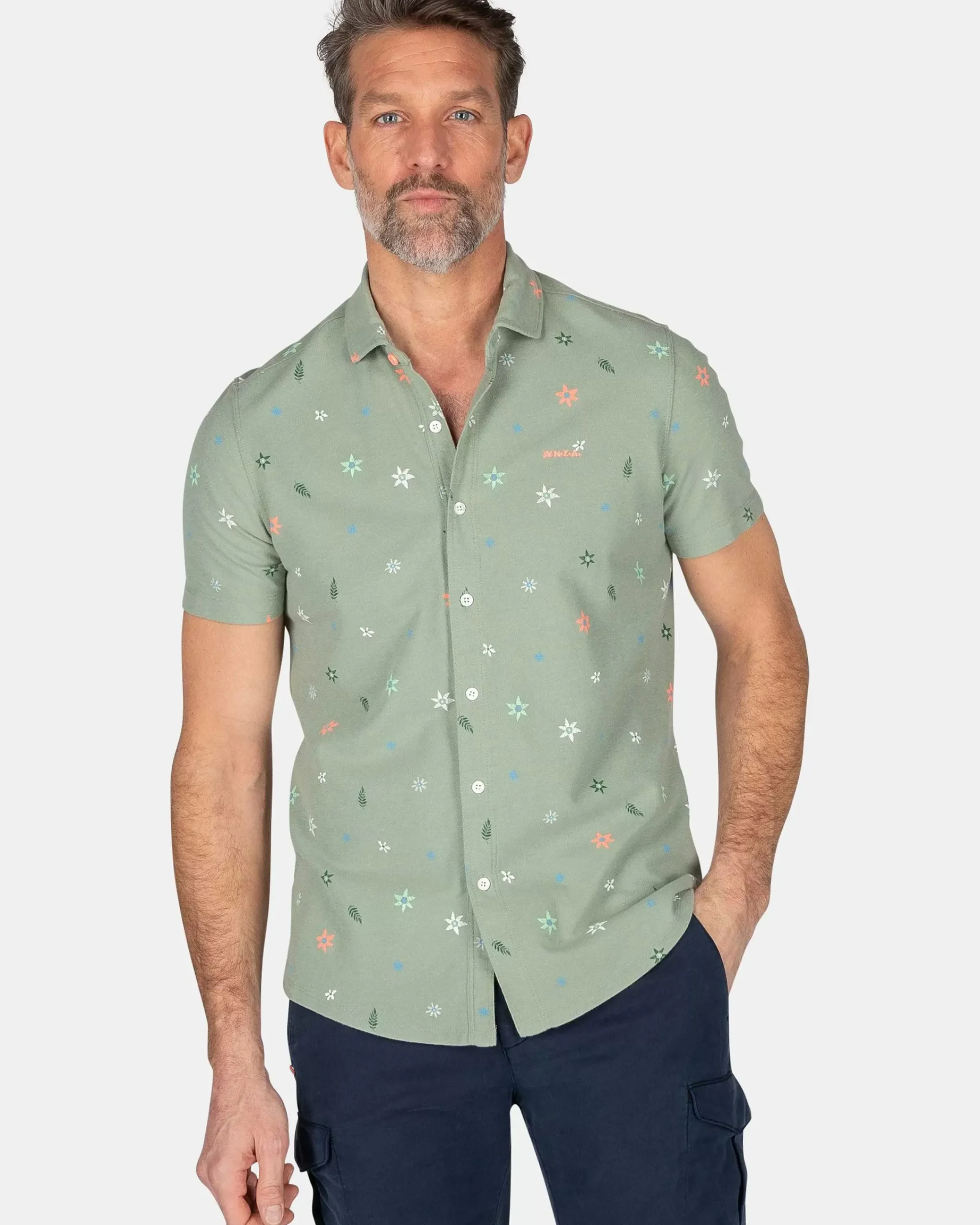 NZA New Zealand Auckland Overhemden|Groen Overhemd Met Bloemen-Mellow Army