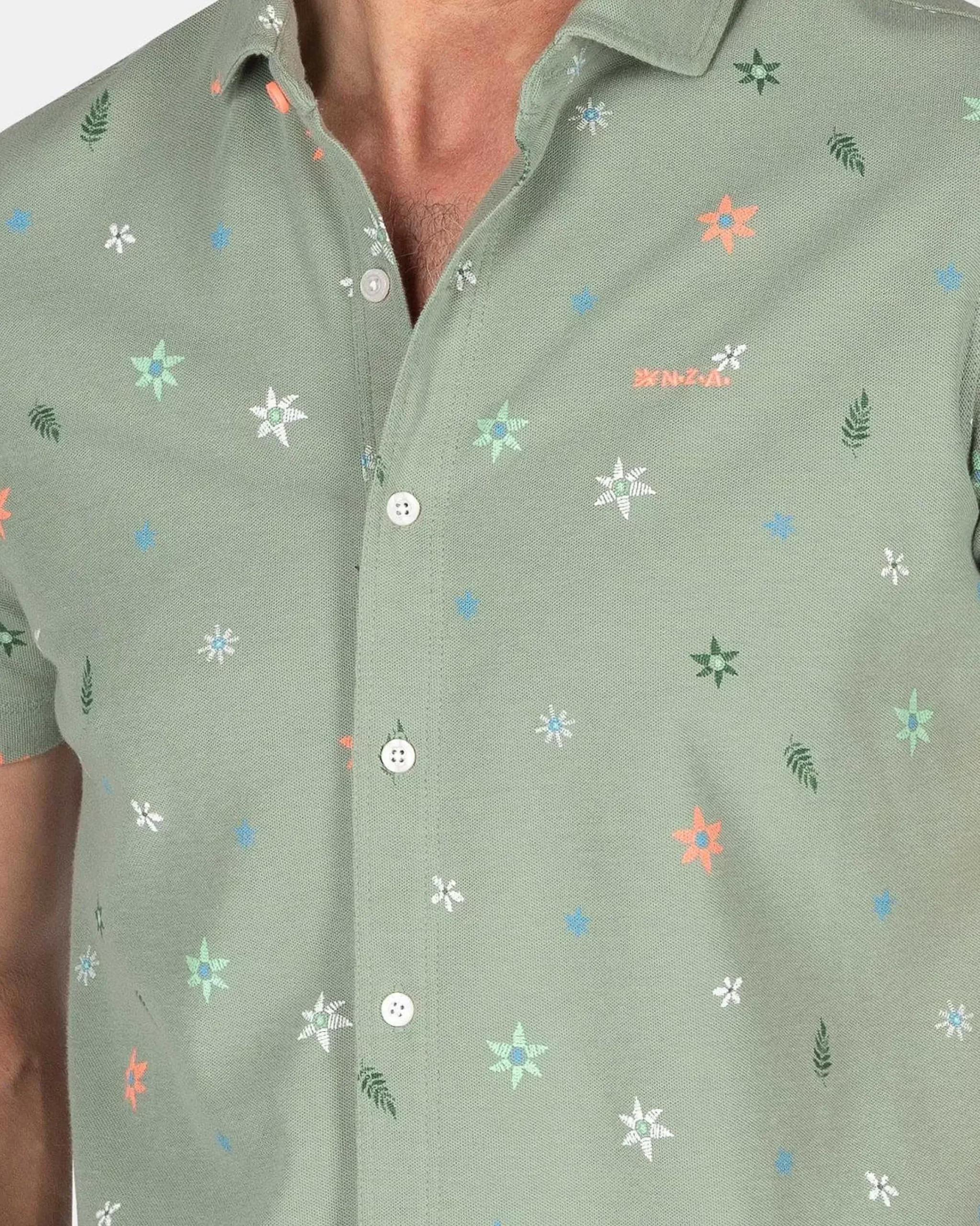 NZA New Zealand Auckland Overhemden|Groen Overhemd Met Bloemen-Mellow Army