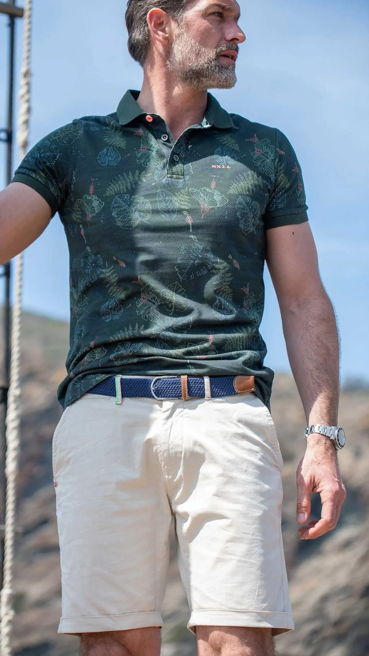 NZA New Zealand Auckland Polo-Shirts|Katoenen Polo Met Bladprint-Chalk Green