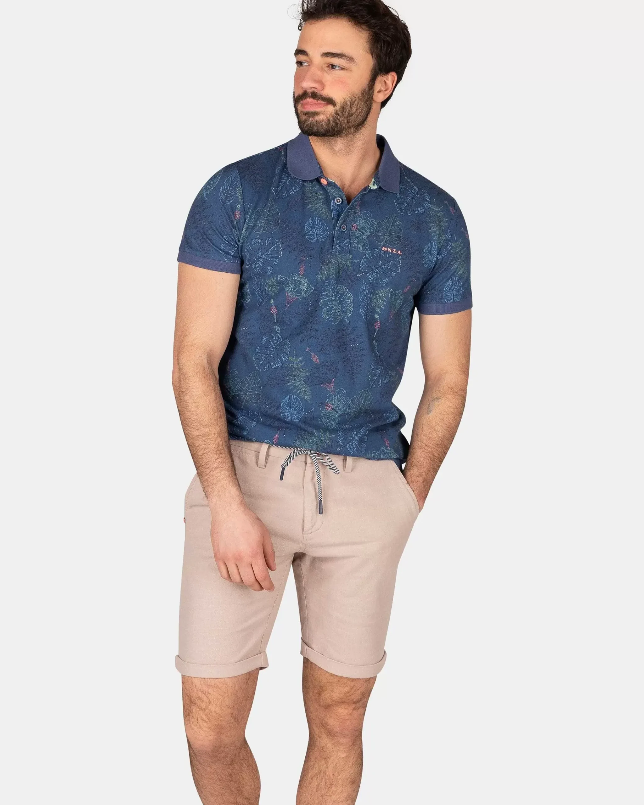 NZA New Zealand Auckland Polo-Shirts|Katoenen Polo Met Bladprint-Dusk Navy