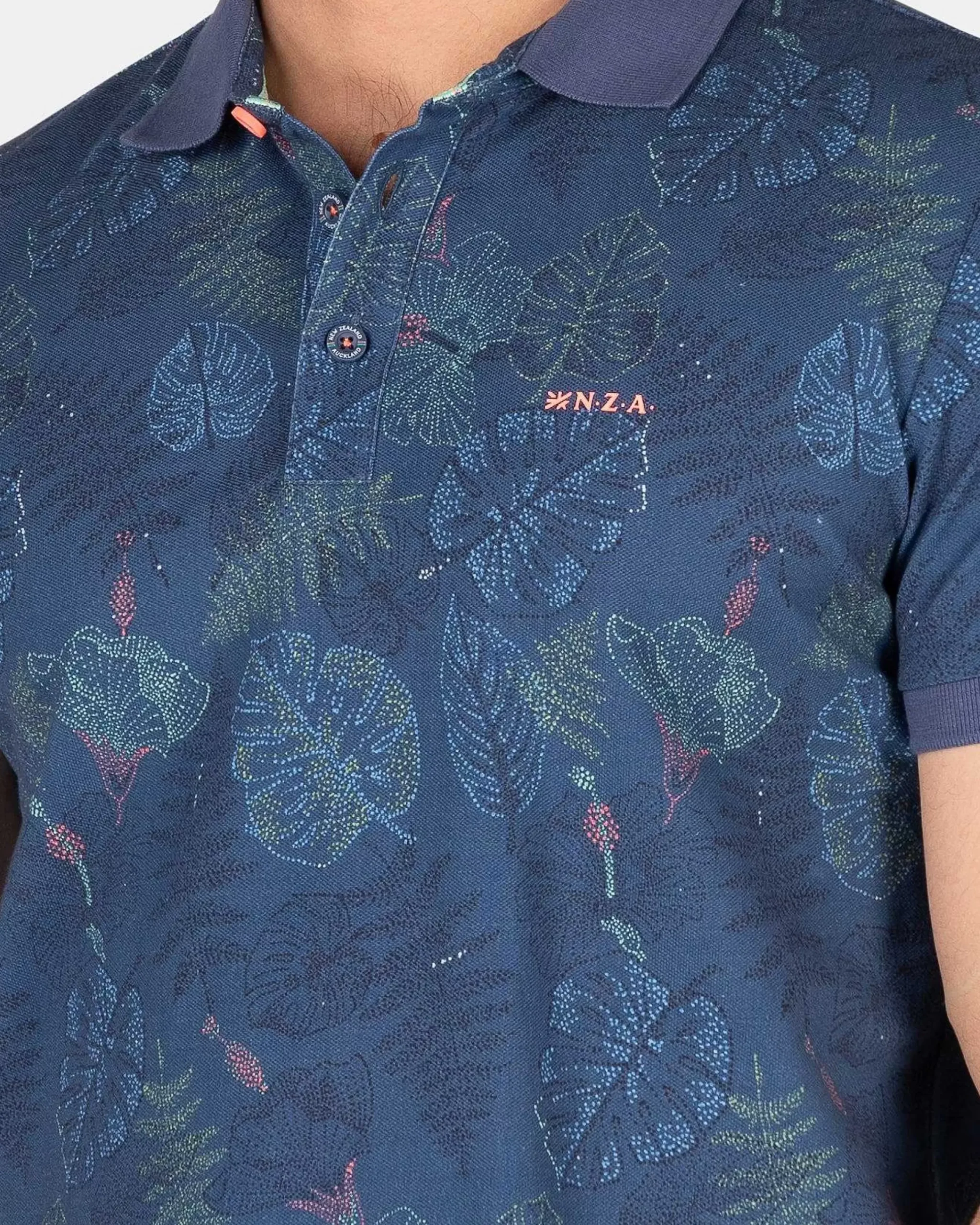 NZA New Zealand Auckland Polo-Shirts|Katoenen Polo Met Bladprint-Dusk Navy