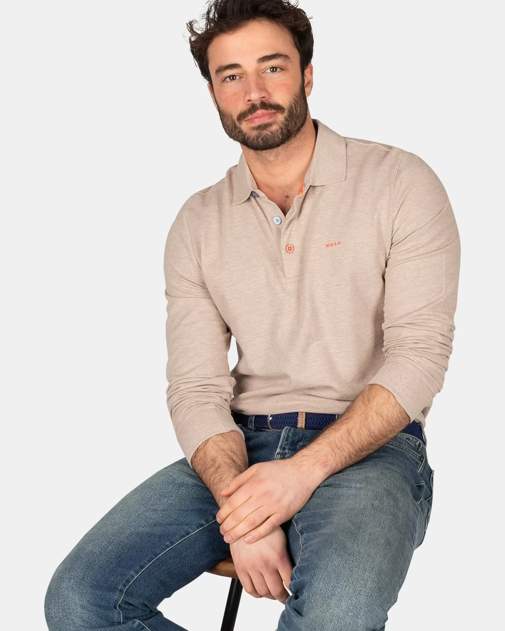 NZA New Zealand Auckland Polo-Shirts|Katoenen Polo Met Lange Mouwen-Shimmering Sand