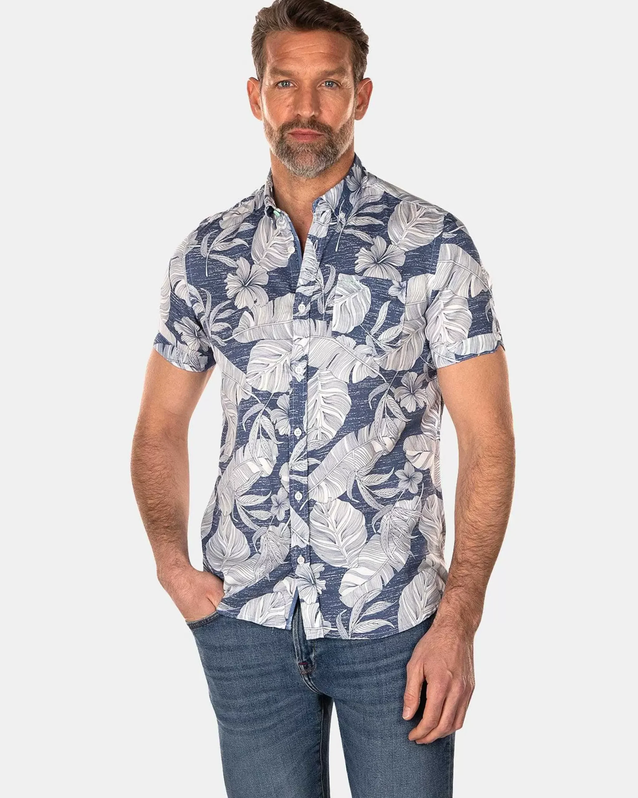 NZA New Zealand Auckland Overhemden|Overhemd Met Korte Mouw En Bloemenprint-Dusk Navy