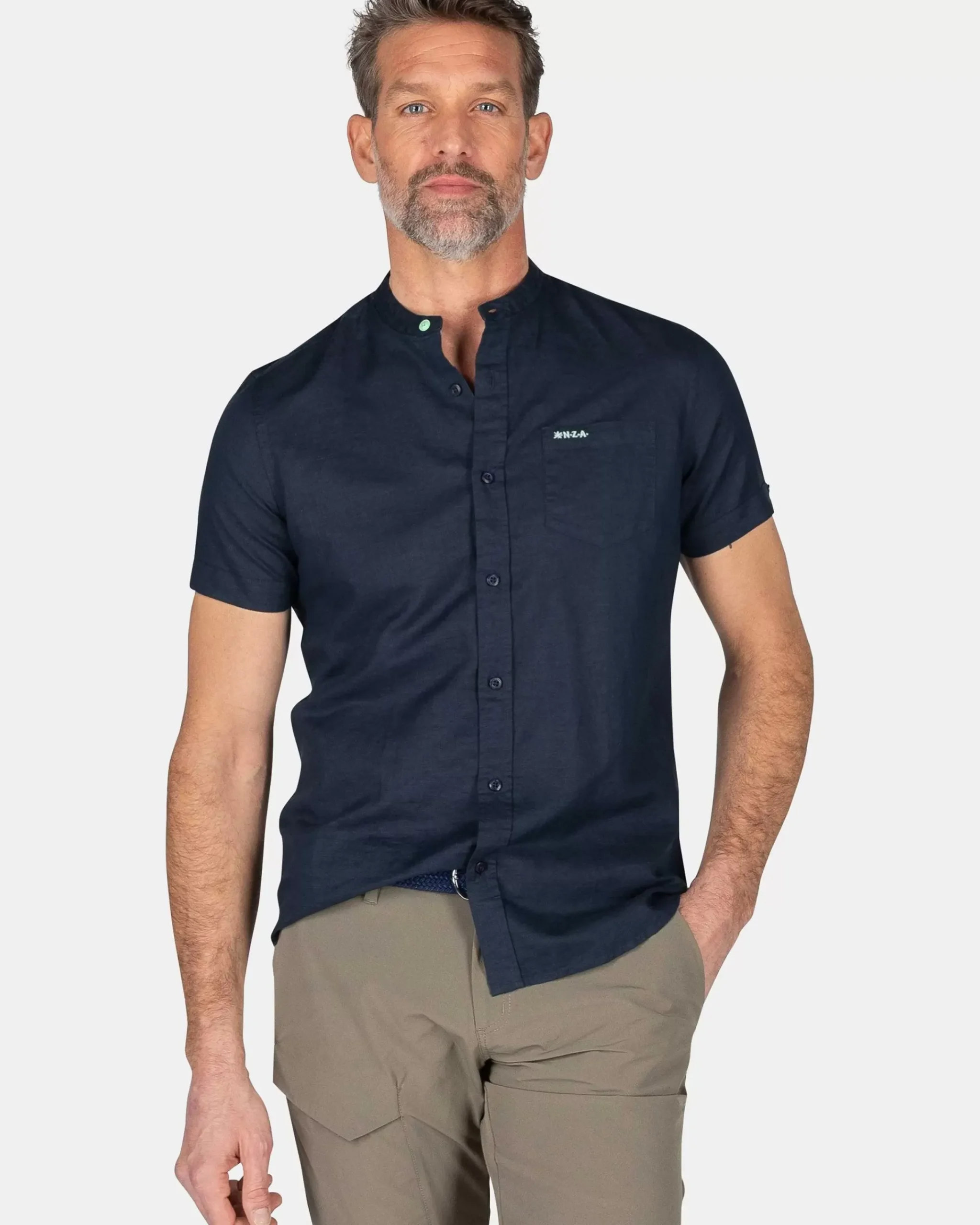 NZA New Zealand Auckland Overhemden|Overhemd Zonder Kraag Met Korte Mouw-Traditional Navy