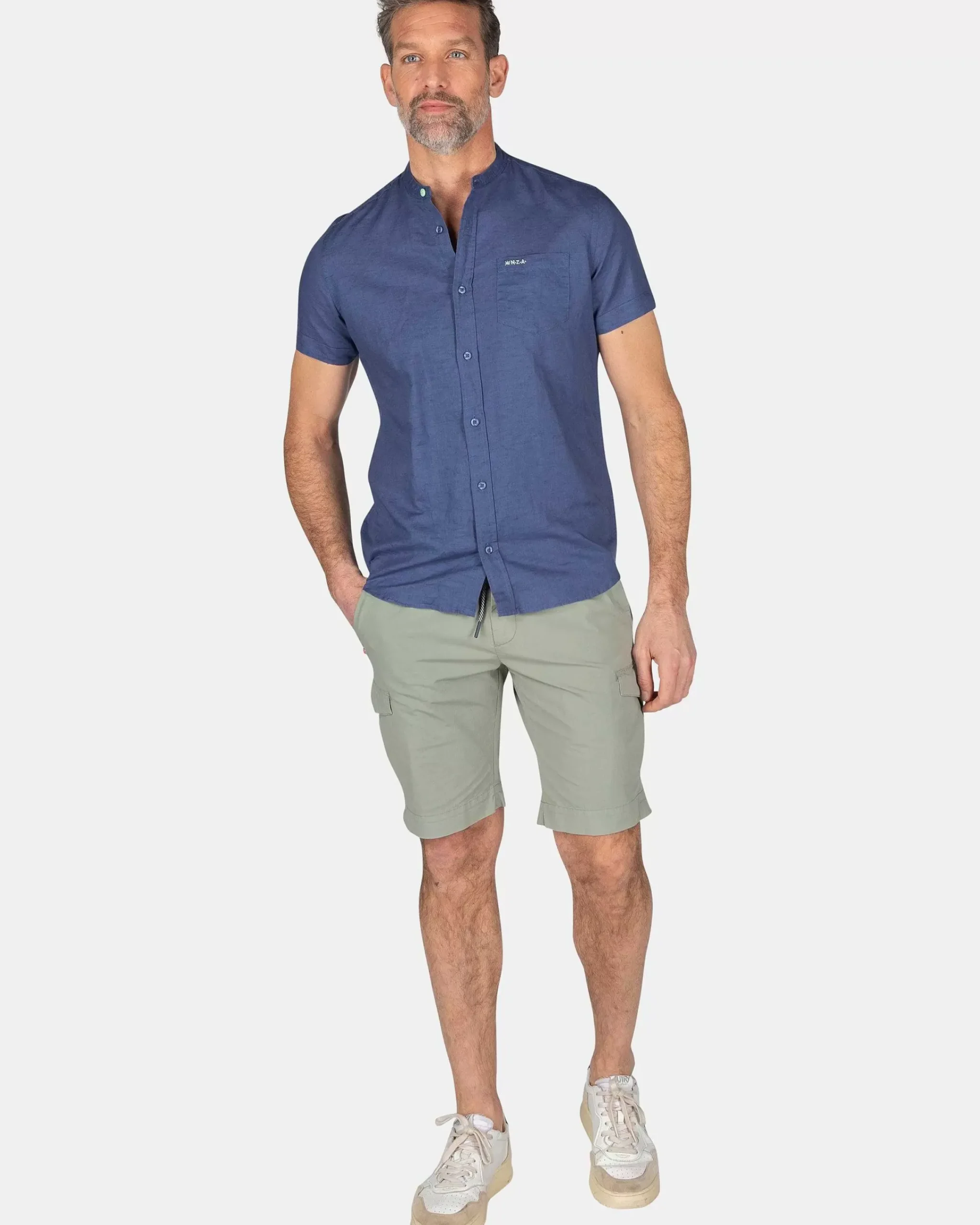 NZA New Zealand Auckland Overhemden|Overhemd Zonder Kraag Met Korte Mouw-Dusk Navy