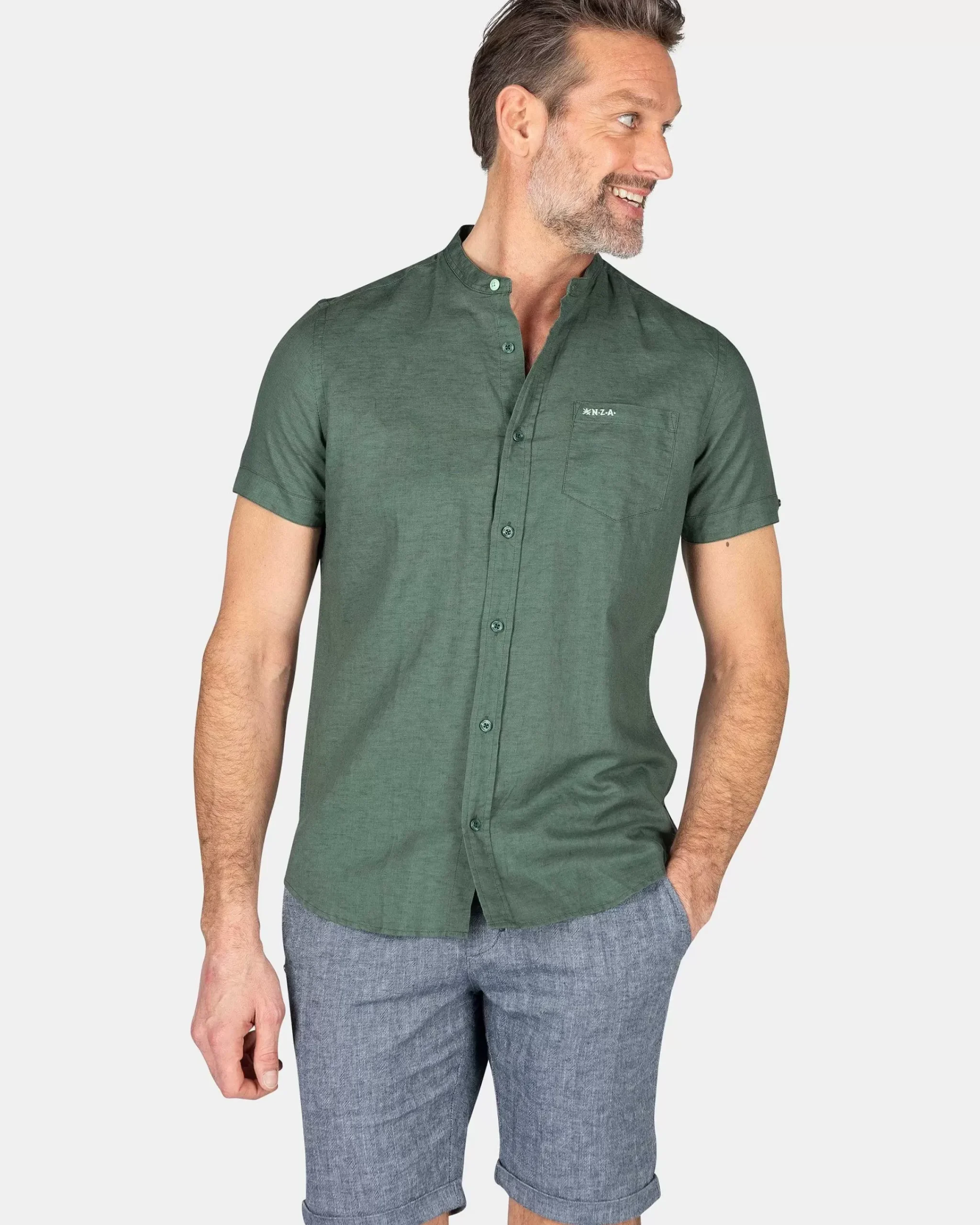 NZA New Zealand Auckland Overhemden|Overhemd Zonder Kraag Met Korte Mouw-Chalk Green